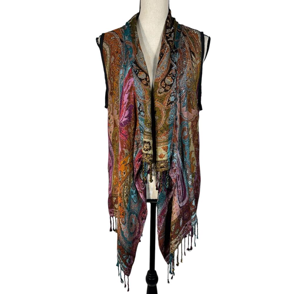 ANU Medium Artsy Vest Jacket Floral Reversible Draped Fringe Open Front Boho New